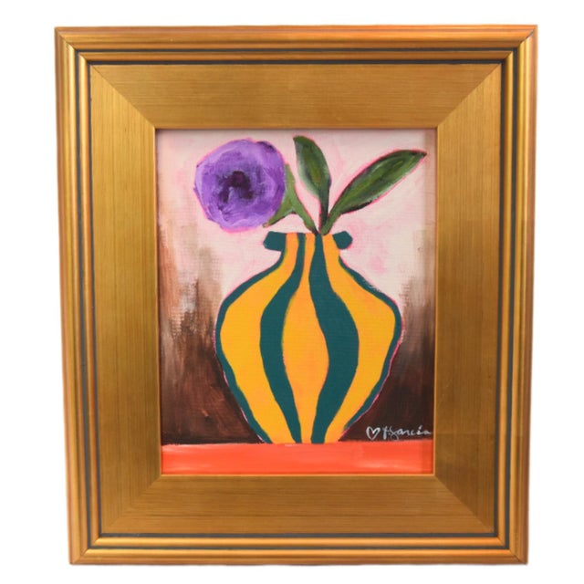 2020s Bold Impressionist Lavender Flower in Vase Painting Including the Antiqued Gold Wood Frame For Sale - Image 5 of 5