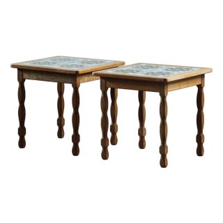 Vintage Brutalist Danish Oak Nightstands with Ceramic Tile Tops, 1970s, Set of 2 For Sale