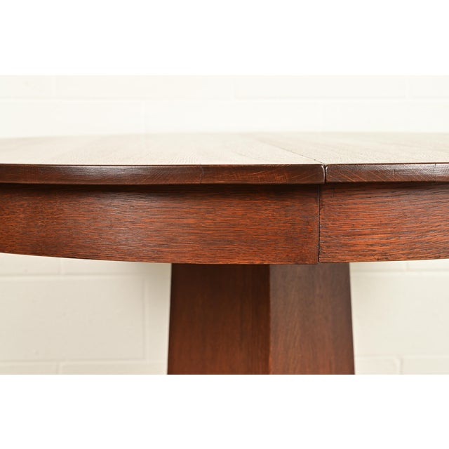 Stickley Brothers Style Antique Mission Oak Arts & Crafts Pedestal Extension Dining Table, Newly Refinished For Sale In South Bend - Image 6 of 14