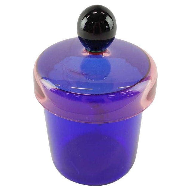 Handmade Blue, Pink and Black Glass Lidded Jar by Erik Höglund for Nordiska Kompaniet, 1992 For Sale