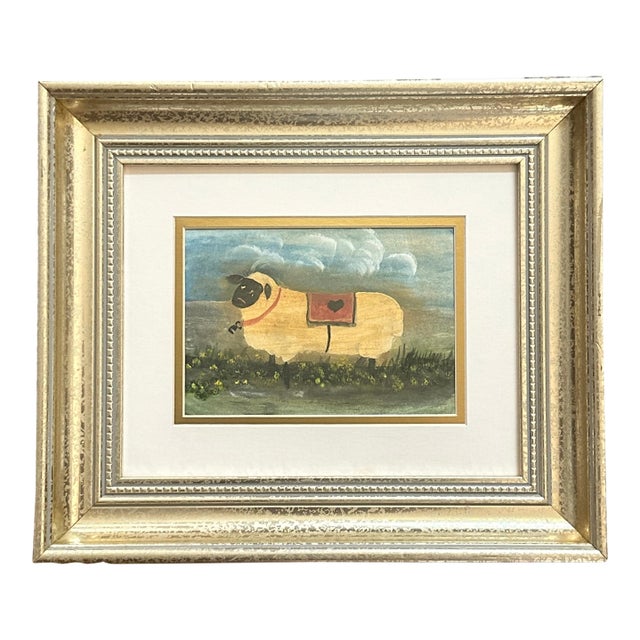 Vintage Folk Art Sheep with Heart Blanket For Sale