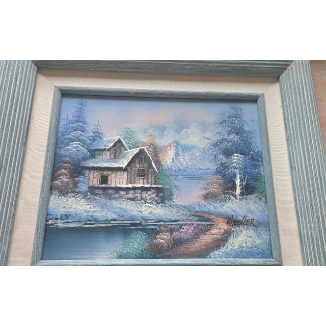 W Zeller Original Oil Painting Winter Snow Scene Forest Cabin Framed Art For Sale - Image 10 of 11