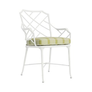 Brown Jordan Calcutta Arm Chair in Chalk with Pea Green Stripe and Sea Salt Welt Cushions For Sale