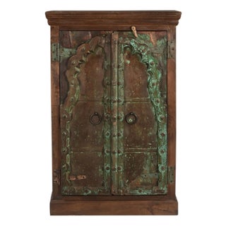 1960s Handcrafted Reclaimed Wood Storage Cabinet | Antique Indian Door Upcycled Entryway Credenza | Farmhouse Nightstand | Boho Bedroom Decor For Sale