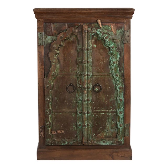 1960s Handcrafted Reclaimed Wood Storage Cabinet | Antique Indian Door Upcycled Entryway Credenza | Farmhouse Nightstand | Boho Bedroom Decor For Sale