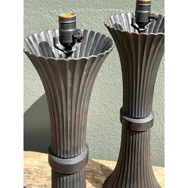 Vintage Patinated Fluted Metal Lamps - A Pair For Sale In West Palm - Image 6 of 12