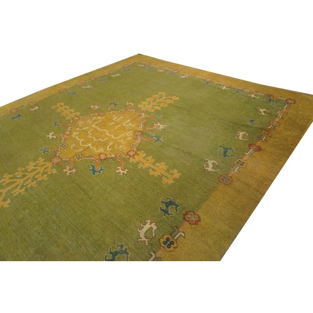 1890s Green Medallion Antique Turkish Oushak Rug 9'3"x12'1" Knotted Wool Carpet For Sale - Image 4 of 8