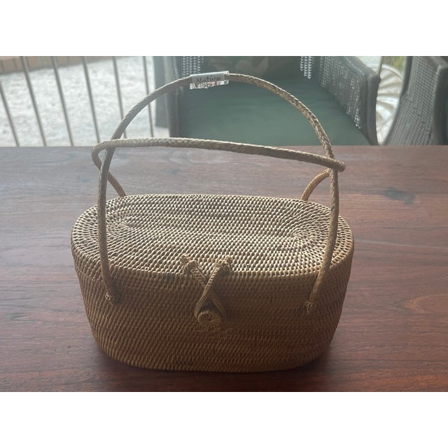 Folk Art Vintage Boho Petite Rattan Wicker Purse For Sale - Image 3 of 9