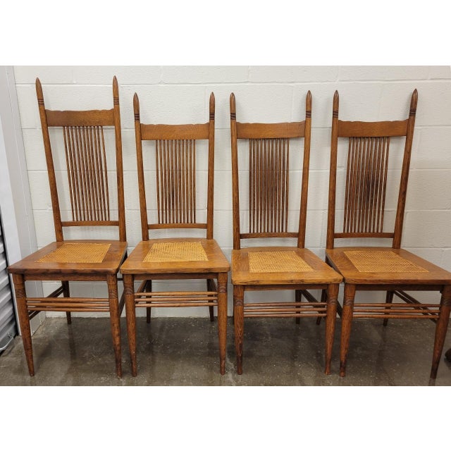 Antique Tiger Oak High Backed With Tall Finials Dining Chairs Set of