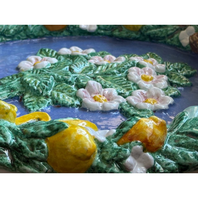 Mid-Century Modern Large Vintage Italian Majolica Della Robbia-Style Fruit Garland Wall Charger, Floral Center, Marked Italy For Sale - Image 3 of 14