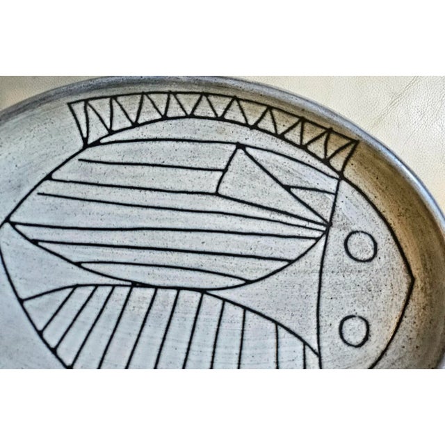 Mid-Century Modern Jacques Pouchain Atelier Dieulefit Stoneware Platter With Incised Fish Motif Circa 1960 For Sale - Image 3 of 11