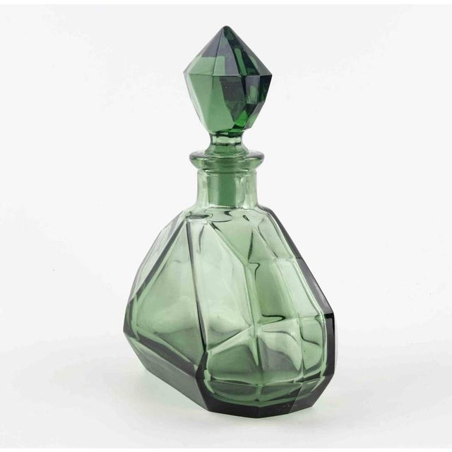 Vintage Cubist Art Deco Decanter in Green Art Glass, France, 1930s For Sale - Image 4 of 7