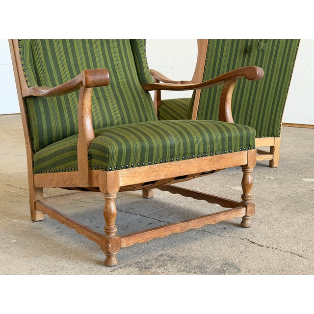 Scandinavian Oak Wingback Lounge Chairs in Striped Wool, 1940s, Set of 2 For Sale - Image 4 of 13