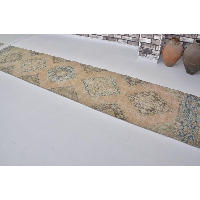 Taupe Vintage Distressed Turkish Oushak Long Hallway Runner Rug With Muted Medallions - 3x14 For Sale - Image 8 of 10