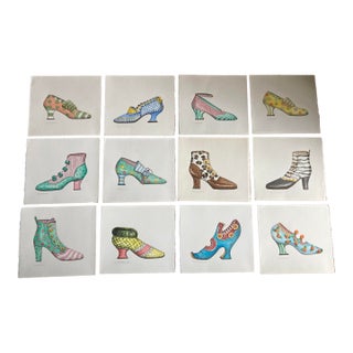 Vintage Signed Set of 12 Authentic Watercolor Paintings of Various 19th Century Shoes and Boots by Dora McDaniel. For Sale