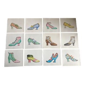 Vintage Signed Set of 12 Authentic Watercolor Paintings of Various 19th Century Shoes and Boots by Dora McDaniel.