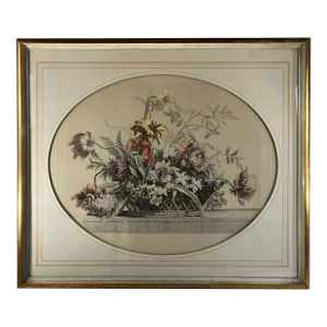 French Hand Colored Floral Engraving Framed