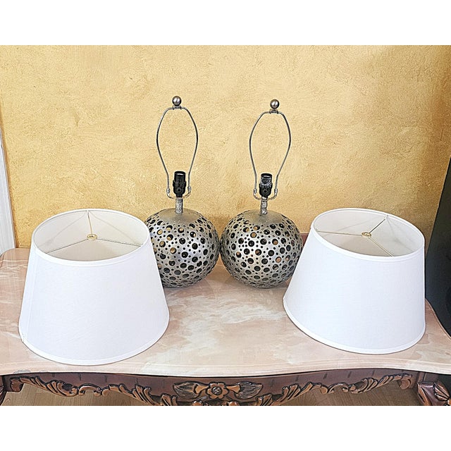 Pair of Pierced Pewter Globe Table Lamps With Shades For Sale - Image 11 of 18