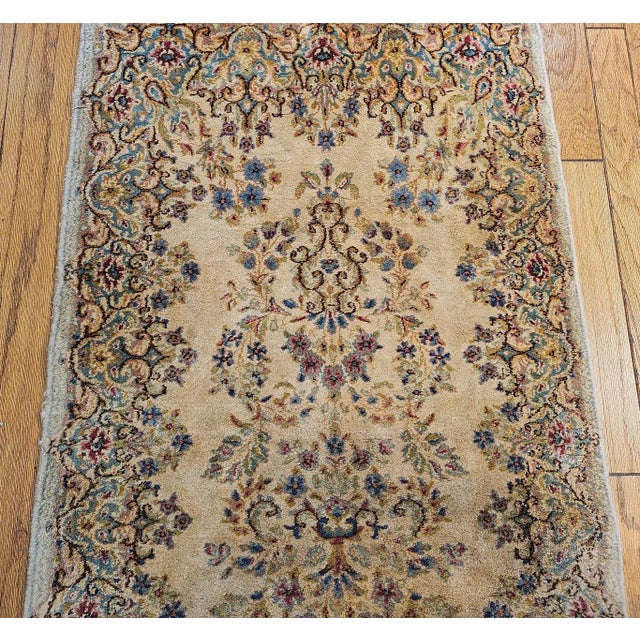 Textile Vintage Persian Kerman Runner, Handwoven Allover Floral Pattern, Ivory & Blue, 3’ X 12’ For Sale - Image 7 of 10