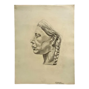 Anthony Ferrara (1930-2012) - Realist Profile Portrait of Woman With Braids, Signed (1946, Charcoal on Paper)