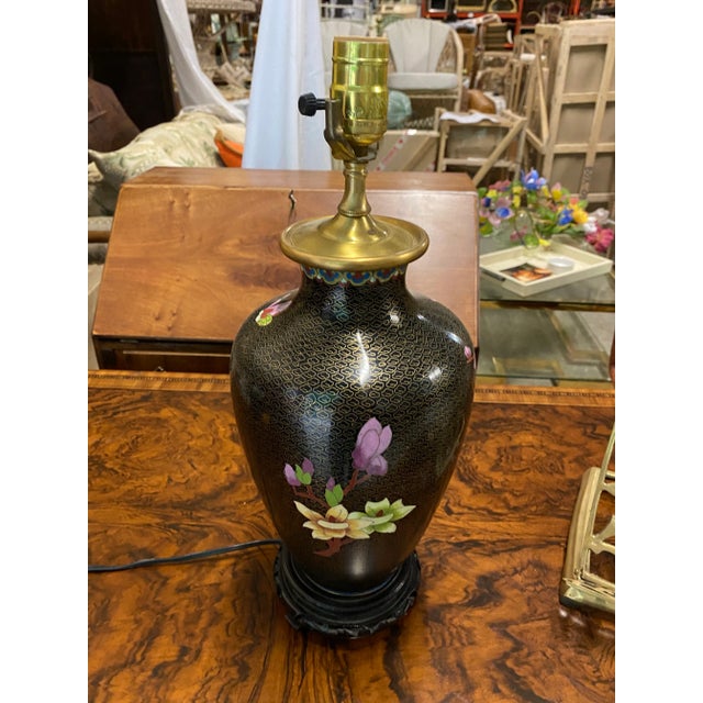 Glass 1970s Asian Black Lamp With Cherry Blossoms For Sale - Image 7 of 7