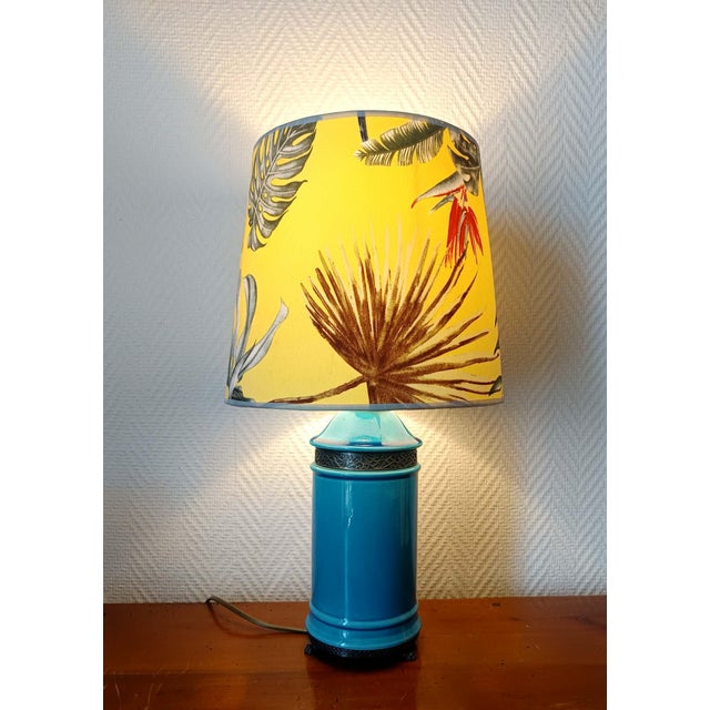 Blue Ceramic Lamp with Claw Feet and Foliage Lampshade, 1960s For Sale - Image 4 of 14