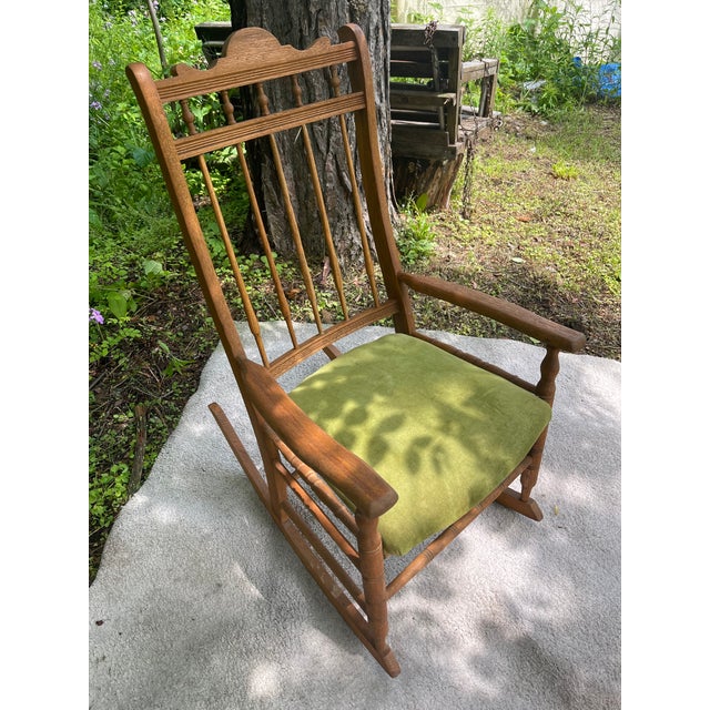 Late 19th Century Antique Victorian Early Mission Style Spindle Back Rocking Chair W Upholstered Seat For Sale - Image 5 of 12