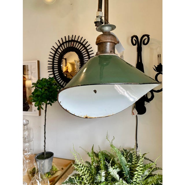 Fantastic, Antique, French, Industrial Light Fixtures. White Interior, Green Exterior.