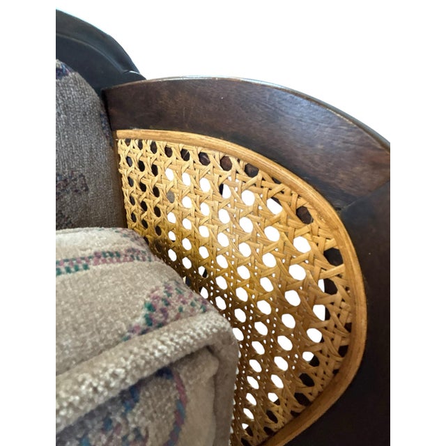 Lavender Traditional Queen Anne Style Dark Wood Caned Lounge Chair With Floral Velvet Cushions For Sale - Image 8 of 10