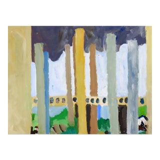 Vintage Abstract Structure Street View Gray Blue & Mustard Painting For Sale