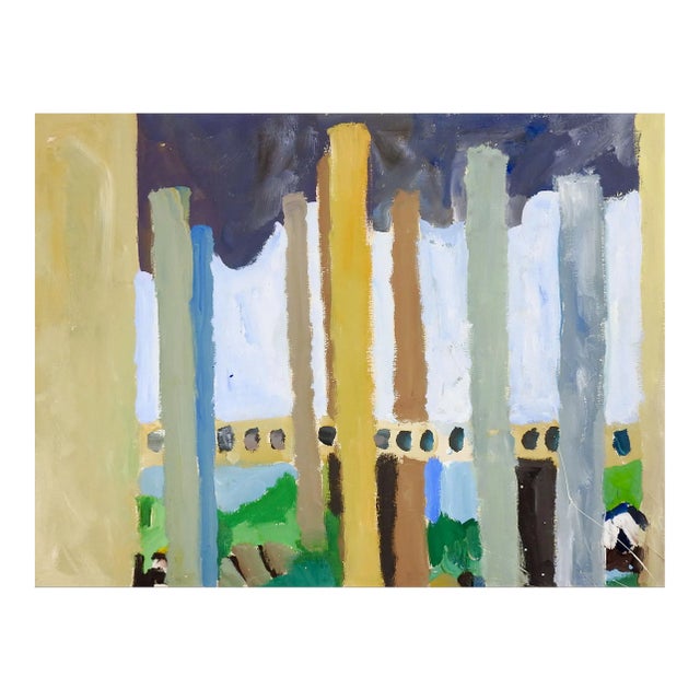 Vintage Abstract Structure Street View Gray Blue & Mustard Painting For Sale