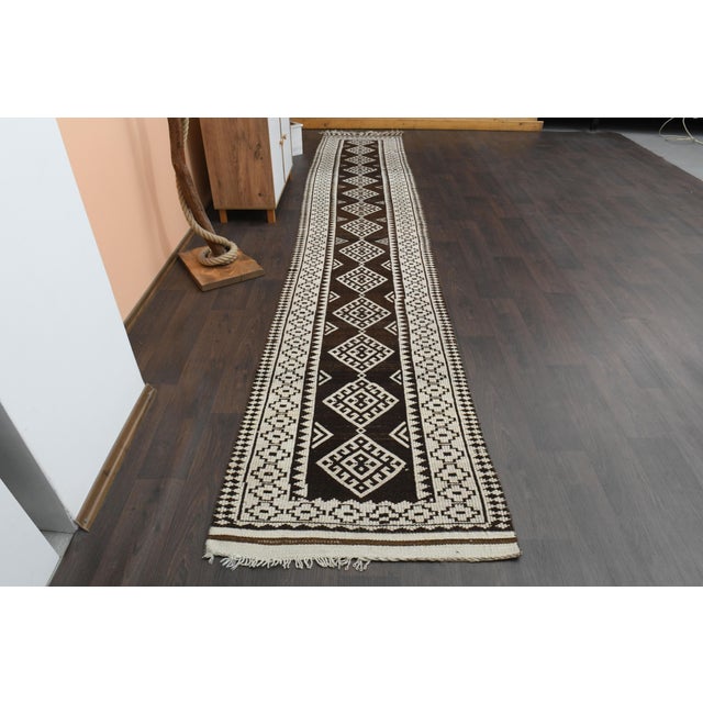 Brown 1970s Vintage Turkish Handmade Wool & Cotton Brown Runner Rug For Sale - Image 8 of 11