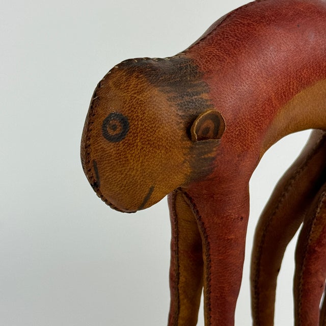 1960s Small Vintage Folk Art Painted Leather Monkey on Stand For Sale - Image 5 of 9