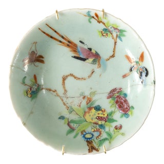 19th Century Chinese Chinoiserie Celadon Famille Rose Decorative Plate, Restored For Sale