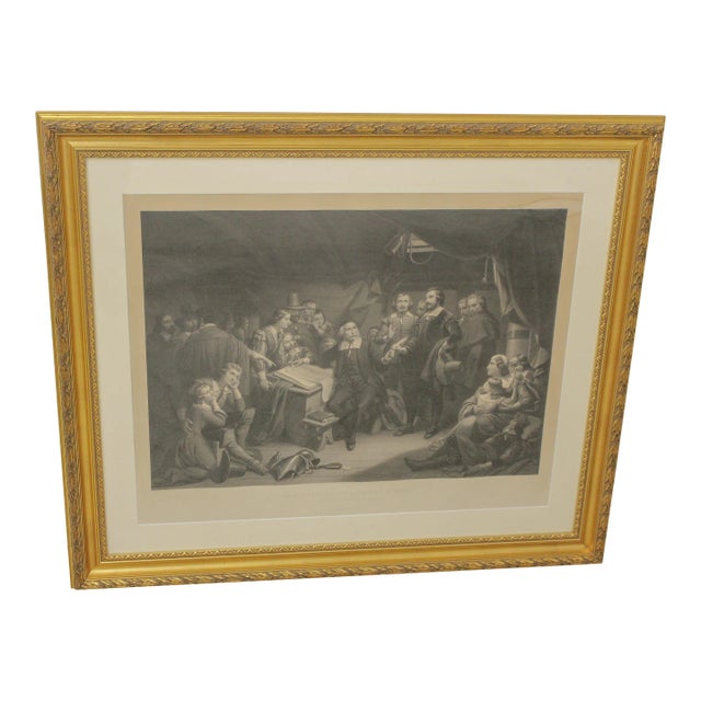 Vintage 19th C. Engraving Pilgrim Signing For Sale
