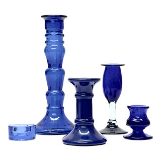 Vintage Cobalt Glass Candle Holder Curation - Group of 5 For Sale