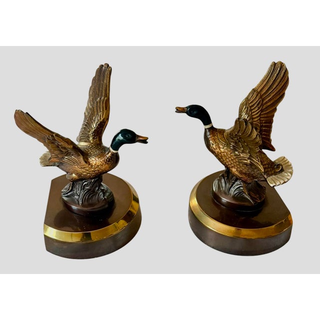 Mid 20th Century ​Mid 20th Century Solid Brass Mallard Ducks in Flight Bookends Attributed to Pm Craftsman - A Pair For Sale - Image 5 of 12