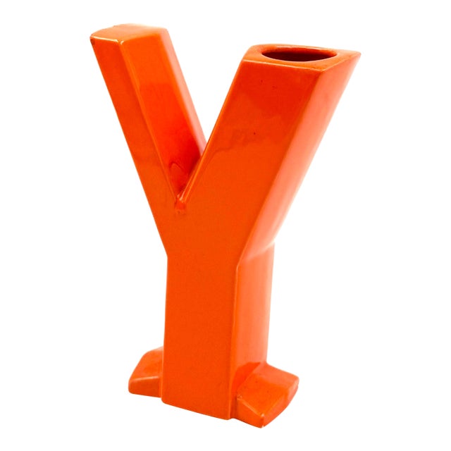 Space Age Orange Y Letter Shaped Ceramic Solifleur Vase, Marcel Radureau France, Circa 1970 For Sale