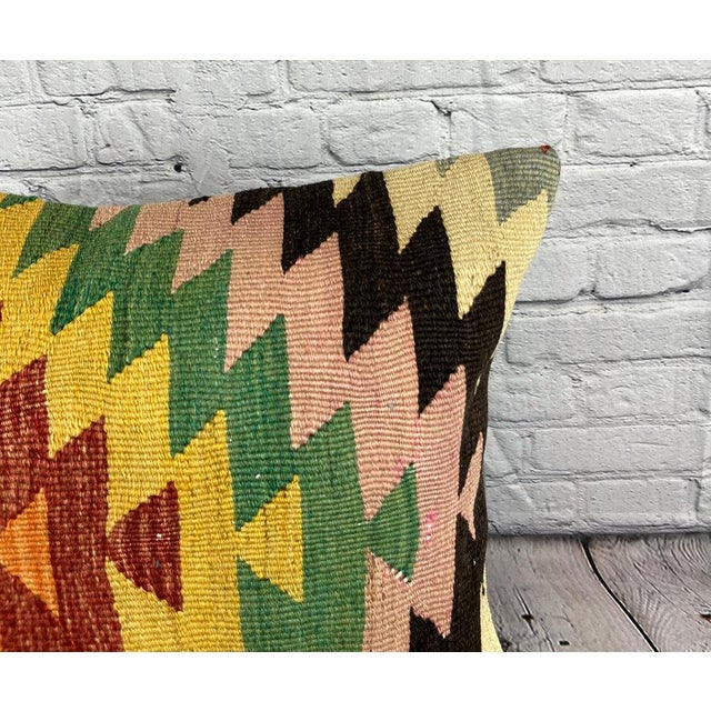 Turkish 20 x 20 Kilim Pillow Turkish Cushion Natural Yellow Green Pillow Cushion Cover For Sale - Image 3 of 4