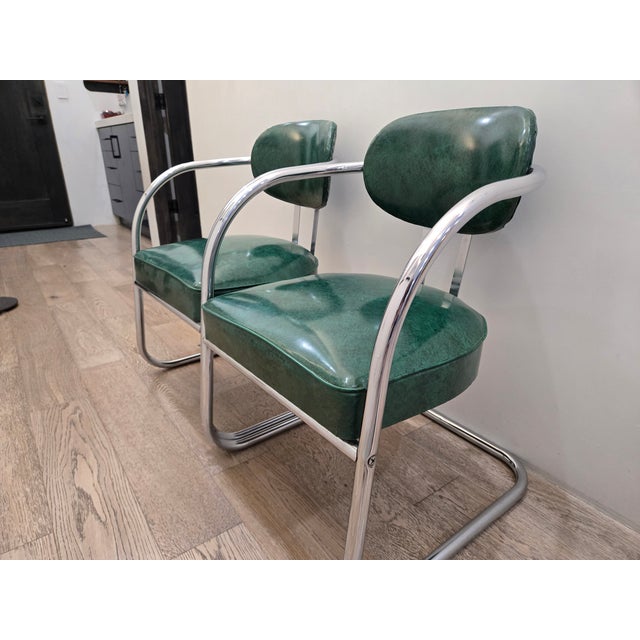 Metal Mid 20th Century Art Deco Accent Chairs - Pair - Chrome and Green - Attributed to Kem Weber for Lloyd’s Manufacturing For Sale - Image 7 of 18