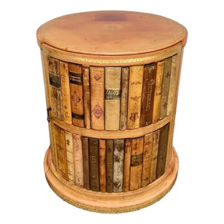 Vintage Trompe l'Oeil Embossed Leather Faux Books Round Side Table For Sale