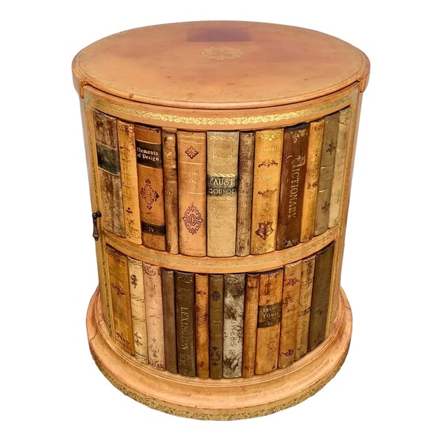 Vintage Trompe l'Oeil Embossed Leather Faux Books Round Side Table For Sale