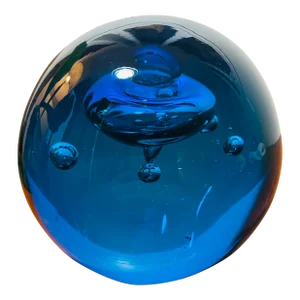 Vintage 1970s Murano Style Glass Blue Bubble Orb Paperweight Decorative Accent