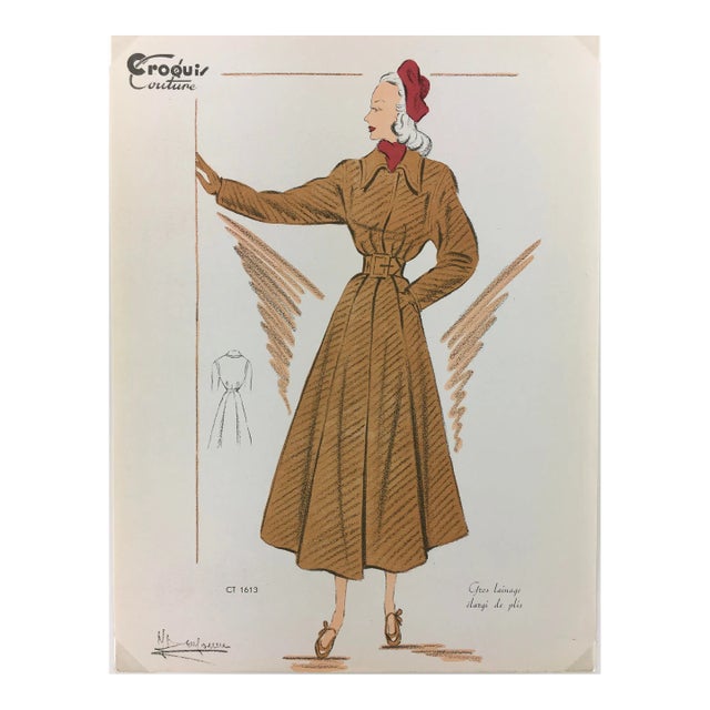 1940s French Fashion Sketch of Wool Coat For Sale