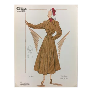 1940s French Fashion Sketch of Wool Coat