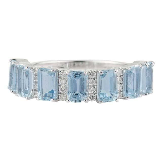 2.2ct Emerald-Cut Aquamarine & Diamond Half Eternity Band Ring Size 6 in 18k Gold For Sale