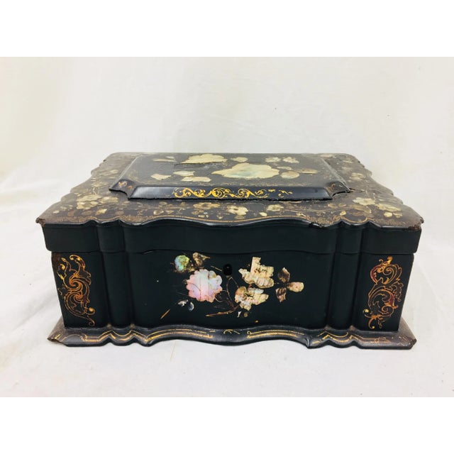 Stunning Antique Mother of Pearl Inlaid Black Lacquerware Chinoiserie Box. Was originally used as a Desk Caddy or Vanity...