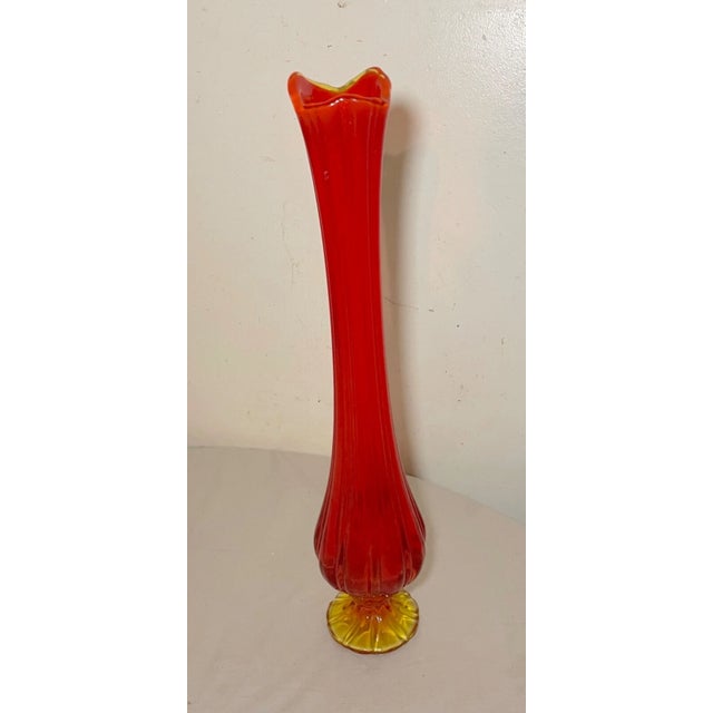 1980s Vintage Large Mid Century Modern Red Orange and Yellow Swung Vase Tall 21 Inch For Sale - Image 5 of 10
