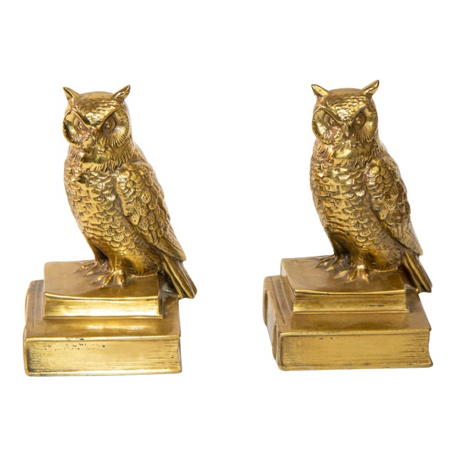 Vintage Cast Brass Owl Figurine Sculpture Bookends Mid-Century Modern 1950's For Sale
