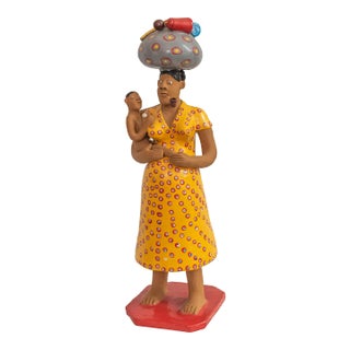 Vintage Brazilian Folk Art Hand-Painted Clay Sculpture "Woman With Baby" For Sale